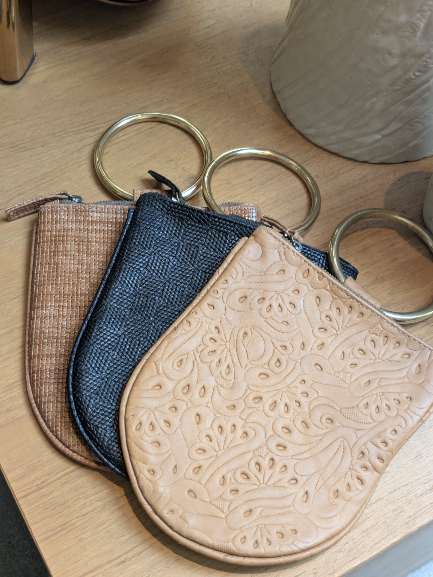 Kim White - Leather Mini Ring Wristlet - Neutrals